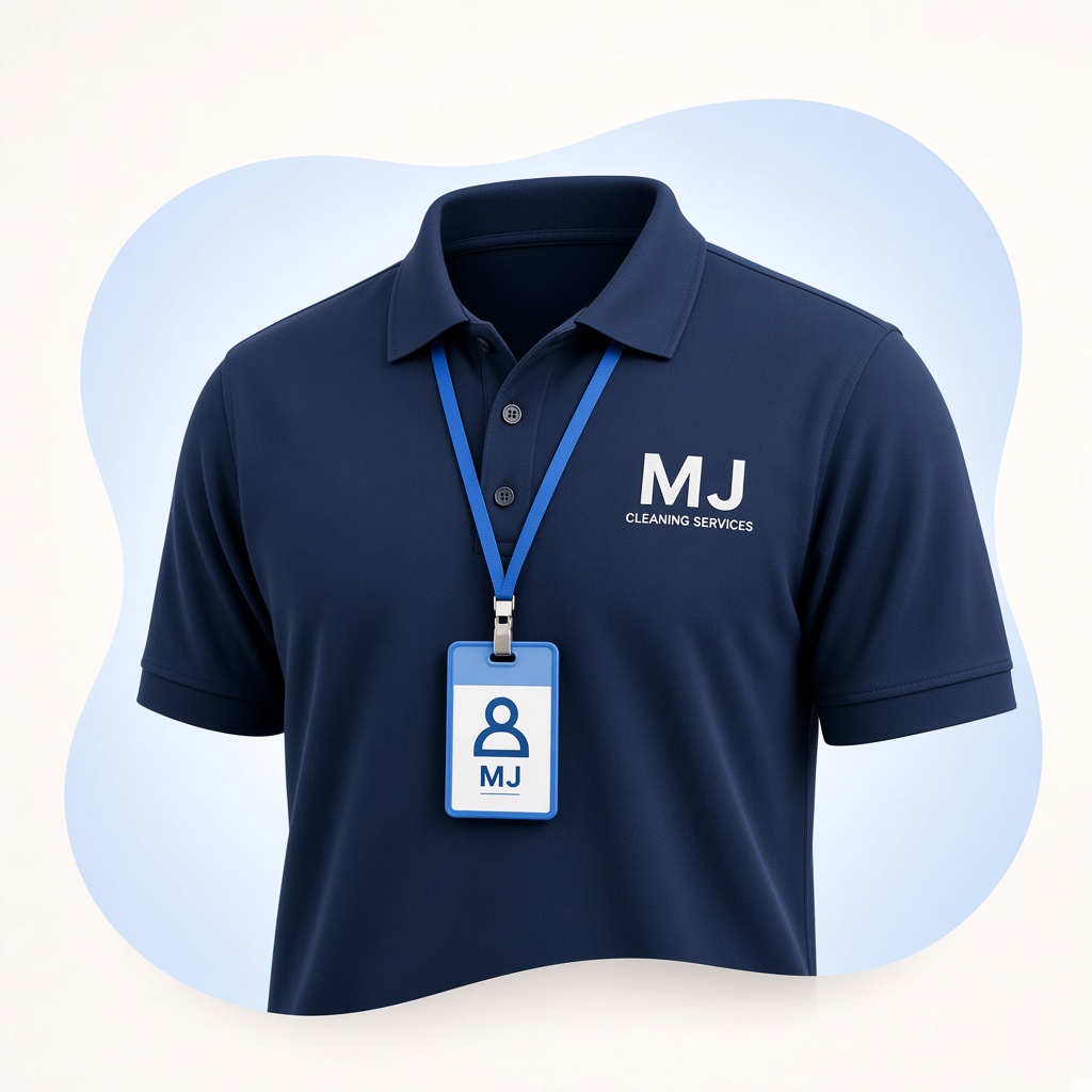 Uniformed MJ cleaner with branded polo and ID badge